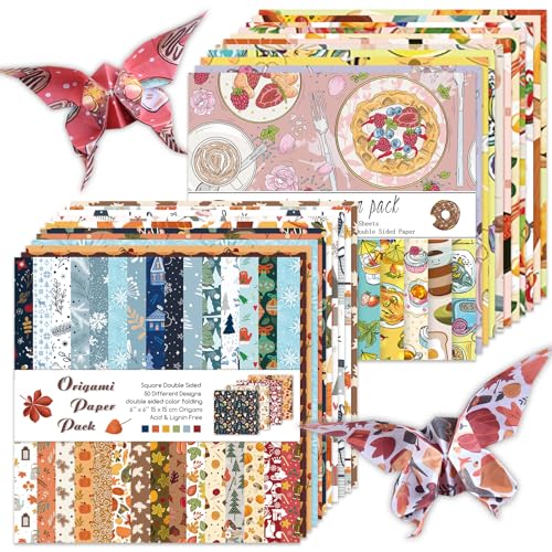 Origami Paper 100 Sheets, 6-Inch Square Double Sided Colored Craft Paper | 70GSM colorful paper,100 Vivid Pattern Origami Kit,DIY Hand Crafts,Arts Creativity,Easy to Fold,No-Fading.Winter Dessert - color: 100 sheets-winter&dessert