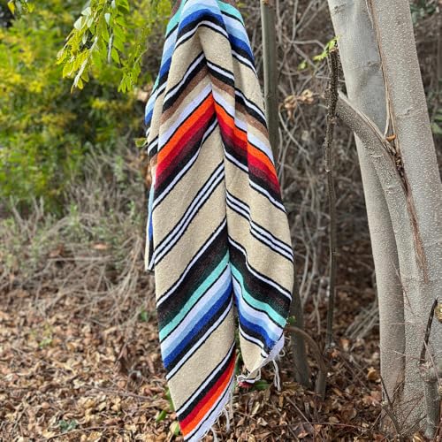 Open Road Goods Authentic Mexican Serape Blanket – 100% Cotton Falsa Throw - Multi-Color Handmade Blanket/Classic Striped Falsa Beach Blanket (Tan/Beige) - color: Tan/Beige