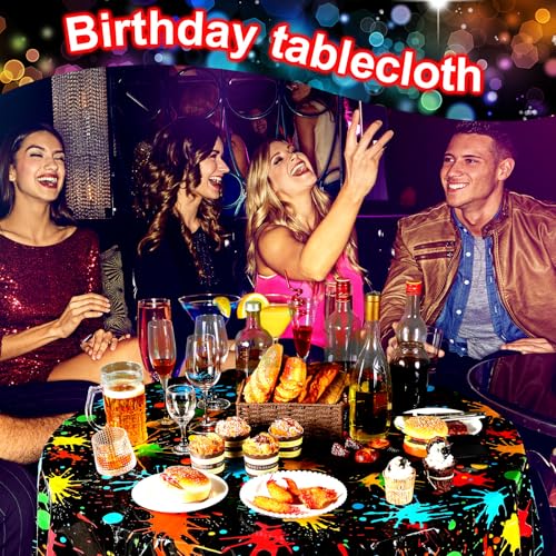 Tioncy 3 Pack Neon Glow Party Tablecloths 84 x 84 Inch Round Disposable Plastic Table Covers Paint Splatter Birthday Party Table Cloth for Glow in The Dark Event Black Light Supplies