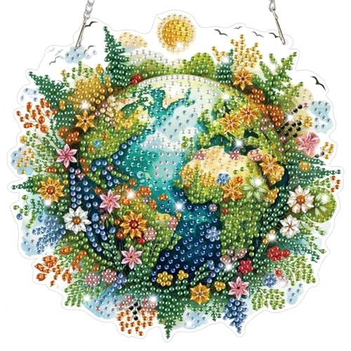 Bowetile Protect the Earth Diamond Art Hanging Kits for Adults, Diamond Art Suncatchers Earth, 5D Special Shape Diamond Painting Pendant Window Ornament Gifts for Home Wall Garden Decor - color: Earth