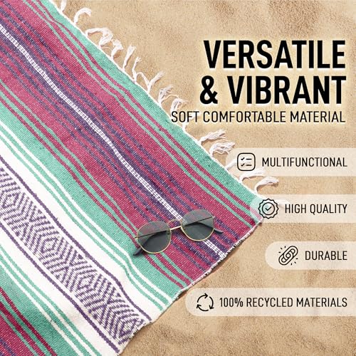 Hydration Nation Authentic Extra Large Mexican Blanket (70"x50") - Handwoven Yoga, Serape- Artisanal Falsa, Beach, Camping, Picnic, Outdoor - Dawn - color: Dawn