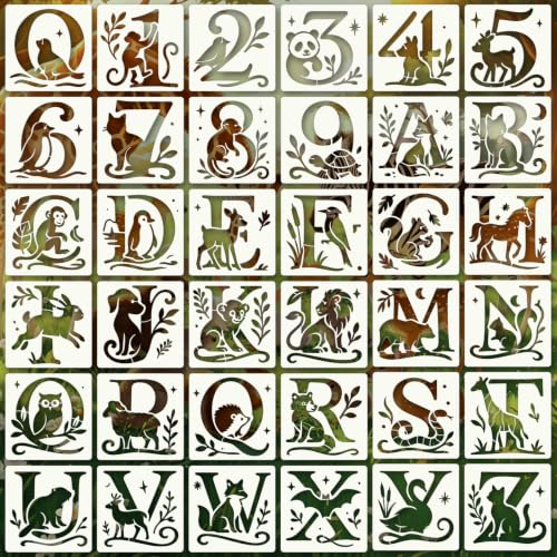 Letter Stencils for Crafts Reusable 36Pcs Number Stencils(5.1X5.1 in) | DIY Art Painting Stencil Furniture Decor Kit for Wood Embroidery Wall Silk Screen Journaling - color: Animal Letter