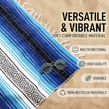 Authentic Extra Large Mexican Blanket - Handwoven Yoga, Serape, Artisanal Falsa, Beach, Camping, Picnic, Outdoor Blanket (King Turquoise) - color: Blue Turquoise