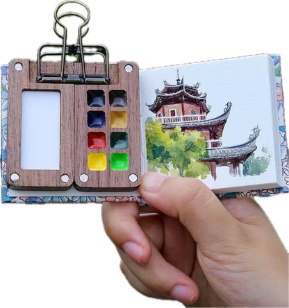 Portable Sketchbook Palette Set - 8 Grids Mini Wood Travel Paint Palette Box for Gouache, Acrylic Painting - Comes With Watercolor Paper Journal, Brush Pens and Clip
