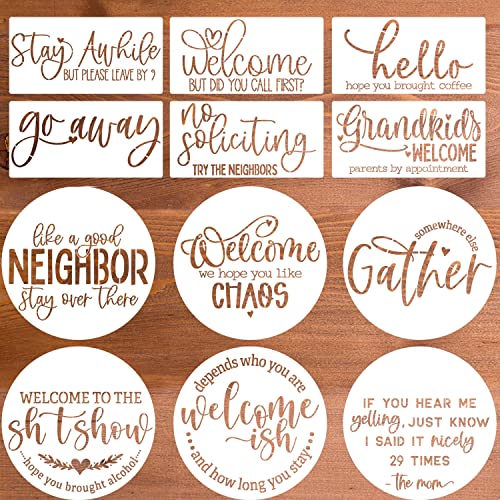 Welcome Stencils for Painting on Wood Funny Sarcastic Stencil 12" | Large Gather Stay Awhile Templates for Door Hanger,Doormat, Porch Sign, Wreath - style: Funny