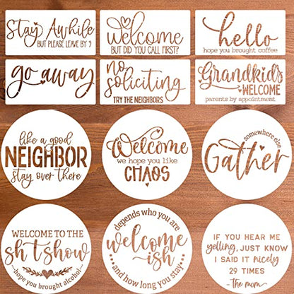 Welcome Stencils for Painting on Wood Funny Sarcastic Stencil 12" | Large Gather Stay Awhile Templates for Door Hanger,Doormat, Porch Sign, Wreath - style: Funny