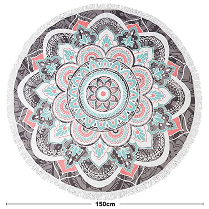 LIVILAN Round Boho Bohemian Mandala Beach Towel,Thick Microfiber Cute Circular Quick Drying Sand Free Beach Towel, Circle Towel Hippie Gifts for Women, 59 inches Madiation Tapestry with Tassels - color: Mandala Beach Towel