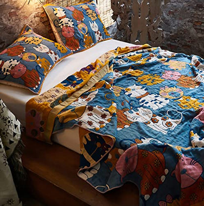 MEJU Kitty Cat Kids Child Girls Muslin Blanket Throw Reversible Cover for Bed Sofa Couch, 100% Combed Cotton 4 Layer Soft Warm Cartoon Throw Blanket Bed Cover Quilt Sheet Cats Blue F/Q 80 in x 90 in - color: Cats Blue, size: F/Q 80 in x 90 in