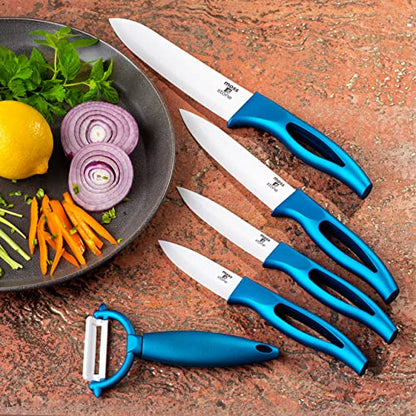 Moss & Stone Kitchen Cutlery White Ceramic Knife Set, Ceramic Knife Set and Fruit Peeler, Rust Proof & Stain Resistant, Kitchen Cooking Knife Set 5 pieces Blue Knives