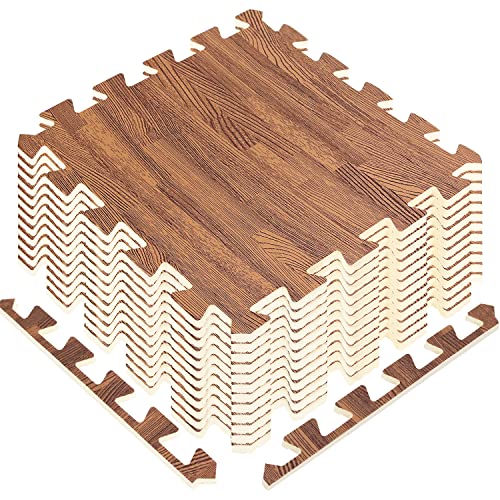 A2ZCARE Puzzle Exercise Mat with EVA Foam Interlocking Tiles - Interlocking Floor Mats for Gym Equipment - Ideal for Home Gym, Aerobic, Yoga and Pilates - color: Oak Wood Dark (12pcs With Border Tiles)