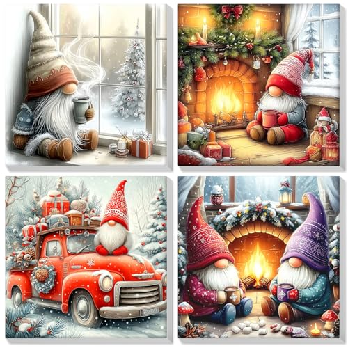 Bowetile 4 Pack Framed Paint by Numbers Christmas for Adults Beginners, Adults' Paint-by-Number Gnome Kits on Canvas, DIY Acrylic Number Painting Crafts Kits Christmas Gifts for Home Decor, 8x8in - color: Gnome