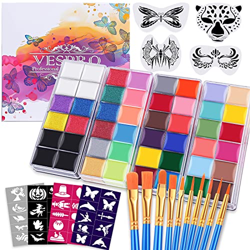 Face Painting Kit For Adult Party,42 Colors Professional Oil Face&Body Paint Kit with 10PCS Brushes 4PCS Reusable Face Stencils and 4PCS Paint Stencils for Adults Halloween Makeup