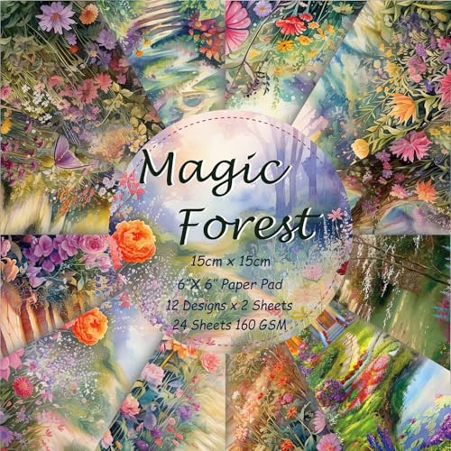 6x6" Scrapbooking Paper Pad Single Sided Decorative Colored Papers | 160GSM 12 Patterned 24 Sheets Cardstock,Art Paper for Craft Paper Present Wrapping DIY Junk Journal Supplies.Magic Forest - color: 160GSM-Magic Forest