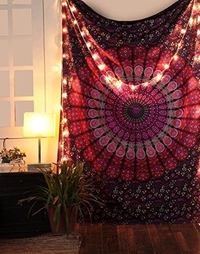 RAJRANG Peacock Mandala Tapestry - 60x50 Inches - Pink Hippie Wall Hanging Decorative Trippy Tapestries Bohemian Boho Bedding Indian Pure Cotton Bed Spread - color: Purple Pink, size: 60"L x 50"W