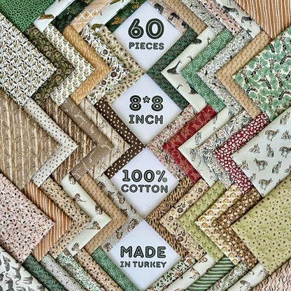 60-Piece Neutral Nature Patchwork Cotton Fabric Squares – 8×8 inch (20×20 cm), 100% Cotton 140 GSM, Pre-Cut Quilting Fabric Bundle, Made in Türkiye - color: Wild Jungle Mix, size: 60pcs 8x8 inch