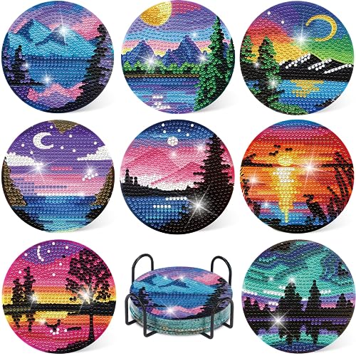 8 Pcs Diamond Art Coasters Kits with Holder, Landscape DIY Diamond Paintings Coaster Kits,Scenery Full Drill Rhinestone Painting Kits for Adults Beginners Art Craft Supplie for Tabletop Protection.