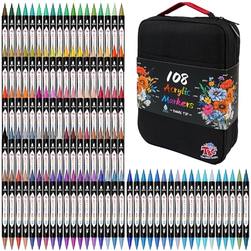 TBC The Best Crafts Acrylic Paint Markers, 108 Colors Dual Tip | Double Zipper Canvas Bag – Waterproof, Non-Toxic, Art Supplies for Wood, Glass, Rock, Ceramic – Gift for Artists & Hobbyists - color: 108 Colors