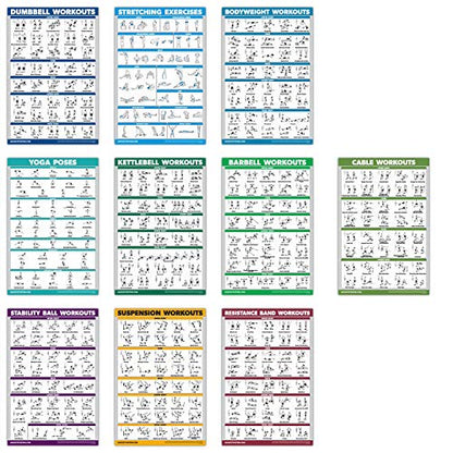 10 Pack - Exercise Workout Poster Set - Cable Machine, Dumbbell, Suspension, Kettlebell, Resistance Bands, Stretching, Bodyweight, Barbell, Yoga Poses, Exercise Ball (LAMINATED, 18" x 24")