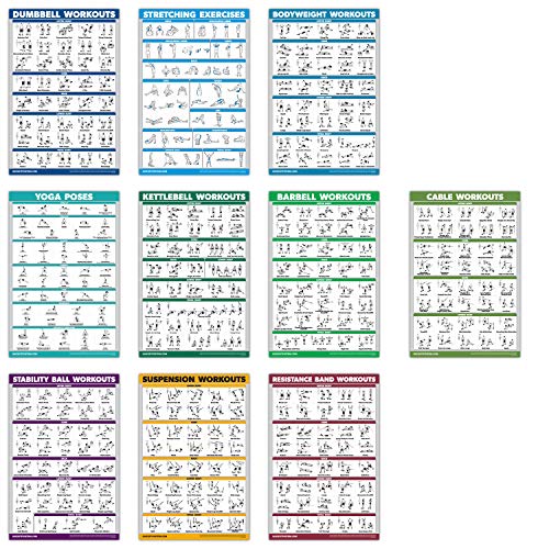 10 Pack - Exercise Workout Poster Set - Cable Machine, Dumbbell, Suspension, Kettlebell, Resistance Bands, Stretching, Bodyweight, Barbell, Yoga Poses, Exercise Ball (LAMINATED, 18" x 24")