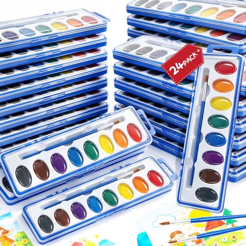 24 Pack Water Colors Paint Set for Kids, Washable Non-Toxic Watercolor Paints with Brushes – Water Color Set for Classroom, Parties & Art Activities