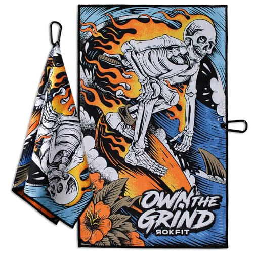 RokFit Gym & Golf Towel – Multi-Use, Quick-Dry, Durable Utility Towel with Bold Graphic and Carabiner Clip (Own The Grind) - color: Own the Grind