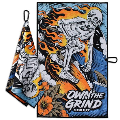 RokFit Gym & Golf Towel – Multi-Use, Quick-Dry, Durable Utility Towel with Bold Graphic and Carabiner Clip (Own The Grind) - color: Own the Grind