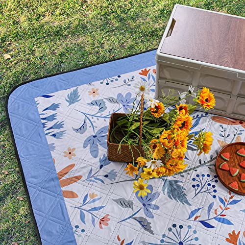DEWUR Picnic Blankets 79"x79" Extra Large Outdoor Blanket Beach Blanket Waterproof SandProof Picnic Mat Washable Foldable Portable for Grass Lawn Beach Camping (White with Flowers) - color: White With Flowers