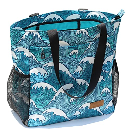 ESVAN Original Floral Tote Bag Large Shoulder Bag with Multi Pockets for Gym Travel Beach Daily Bags - color: A Wave