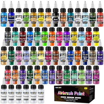 HOMY ARTY Airbrush Paint - 54 Colors with 6 Thinner | Ready to Spray Airbrush Paint Set, Water-Based Acrylic Air brush Paints for Metal, Plastic Models, Canvas, Wood - 60 Bottles - color: 54 Colors with 6 Thinner