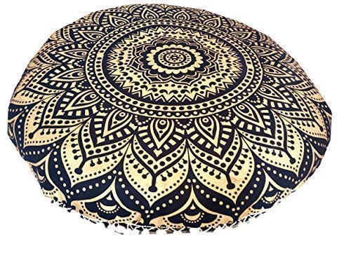 INDIAN CRAFT CASTLE 24" Gold Ombre Black Mandala Barmeri Large Floor Pillow Cover Cushion Meditation Seating Ottoman Throw Cover Hippie Decorative Zipped Bohemian Pouf Ottoman Pom Pom Cases 24" Round - color: Gold, style: 24 Inch Round