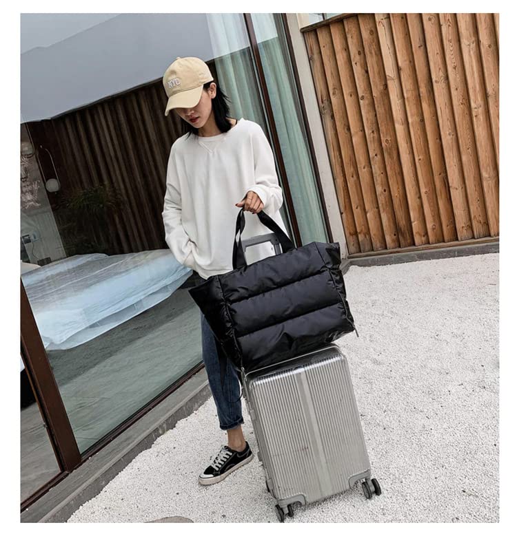Large Puffer Tote Bag for Women, Quilted Gym Bag with Yoga Mat Holder, Travel Duffle, Waterproof Carry on Weekender Bag (black) - color: black