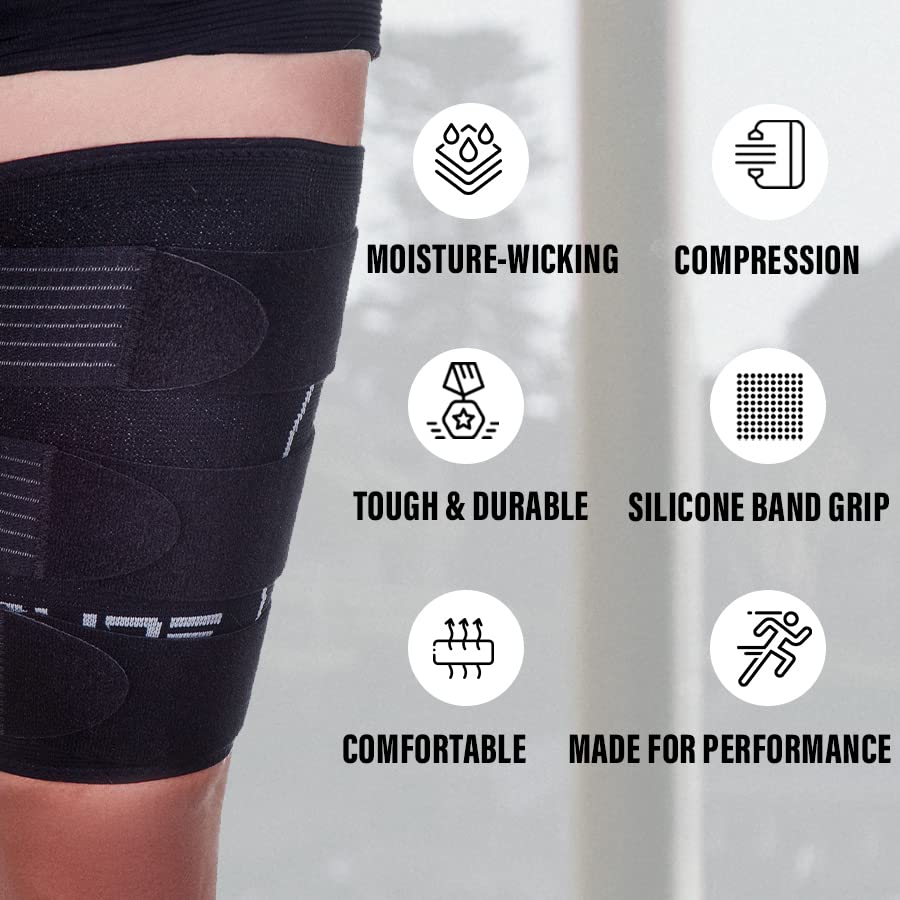 Pure Athlete 허벅지 압박 슬리브 - 조절 가능한 스트랩 쿼드 랩 서포트 브레이스, 햄스트링 상단 레그 - size: Medium