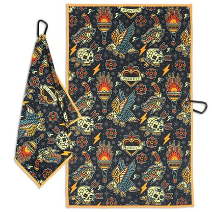 RokFit Gym & Golf Towel – Multi-Use, Quick-Dry, Durable Utility Towel with Bold Graphic and Carabiner Clip (Tattoo Flash Pattern) - color: Tattoo Flash Pattern
