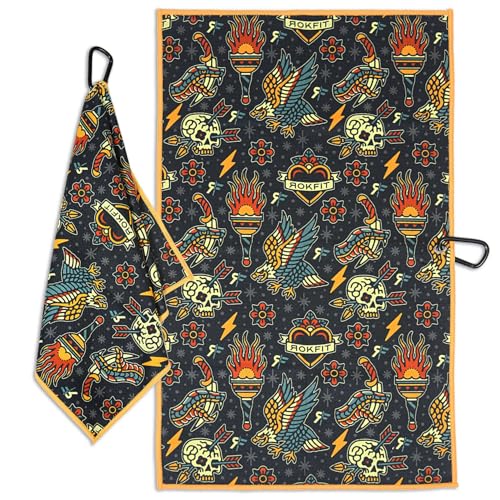 RokFit Gym & Golf Towel – Multi-Use, Quick-Dry, Durable Utility Towel with Bold Graphic and Carabiner Clip (Tattoo Flash Pattern) - color: Tattoo Flash Pattern
