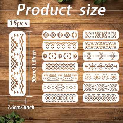 ORIGACH 15 Pcs Aztec Stencils for Painting on Wood Wall, 30 x 7.6 cm | Geometric Reusable Boho Borders Pattern Stencils Templates for Painting on Canvas Furniture - style: Aztec