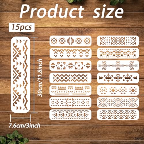 ORIGACH 15 Pcs Aztec Stencils for Painting on Wood Wall, 30 x 7.6 cm | Geometric Reusable Boho Borders Pattern Stencils Templates for Painting on Canvas Furniture - style: Aztec
