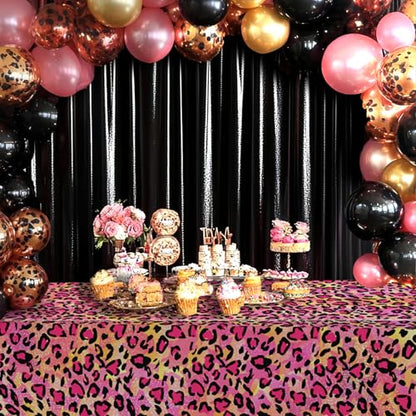 OQOQ Leopard Print Party Decorations Tablecloth (Pink and Gold, 4 Packs), 54x108inches Shimmer Shining Table Cloth Plastic Disposable Table Cover for Girl Sparkly Paint Splatter Cheetah Birthday Party