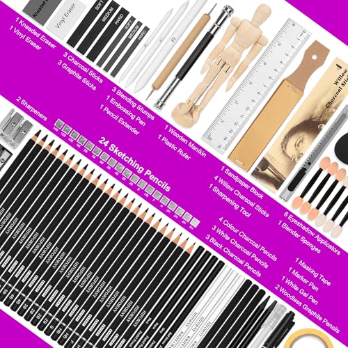 HIFORNY 70 PCS Drawing Set Sketching Kit,Sketch Pencils Art Supplies with Graphite,Charcoal,Blending Tools & Accessories,Portable Zippered Travel Case for Artists & Beginners
