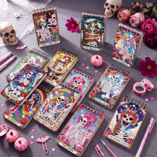 Fuyoooo 12 Pcs Skull Diamond Art Notebook Kits for Adults | DIY Halloween Diamond Painting Notebook, Horror Cover Notepad, 5d Pink Skull Journal Art Crafts, DIY Accessories with Tools - style: Skull