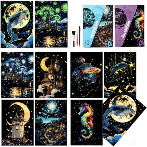 Scratchboard Art for Adults Luminous Scratch Painting Kits-A5/8 PCS-Dreams | Glow in Dark Scratch Card Art Kit, Calming DIY Activity for Adults Teens, Mindful Hobby, Stress Relief Craft and Wall Art - style: Dream