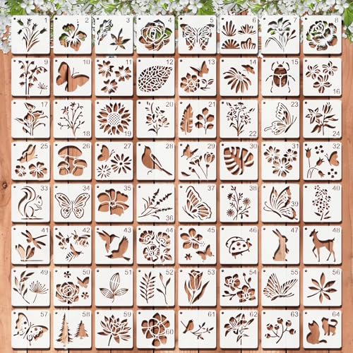 Flower Stencils for Painting, 64 Pcs 3 Inch for Cards Rocks DIY Crafts | Reusable & Easy to Clean, Botanical Patterns, Gift Tags, Journals, Scrapbooks, Beginner Friendly - color: Flower