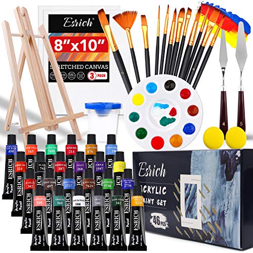 ESRICH Acrylic Paint Set, 46 Pcs Painting Supplies with Paint Brushes | Acrylic Paints, Easel, Canvas, Palette, Paint Knives, Brush Cup and Art Sponges for Hobbyists and Beginners - color: 24color