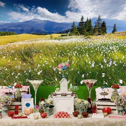 12x10ft Vinyl Summer Landscape Backdrops for Photography Background Blooming Flower Mountain Landscape Grass Field Vacation Holiday Party Backdrop Children Adults Portraits Photo Studio - size: 12x10ft