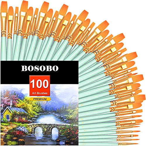BOSOBO Paint Brushes Set, 10 Pack 100 Pcs Round Pointed Tip Paintbrushes Nylon Hair Artist Acrylic Paint Brushes for Acrylic Oil Watercolor, Face Nail Art, Miniature Detailing & Rock Painting, Green - color: Green, size: 10 Pack