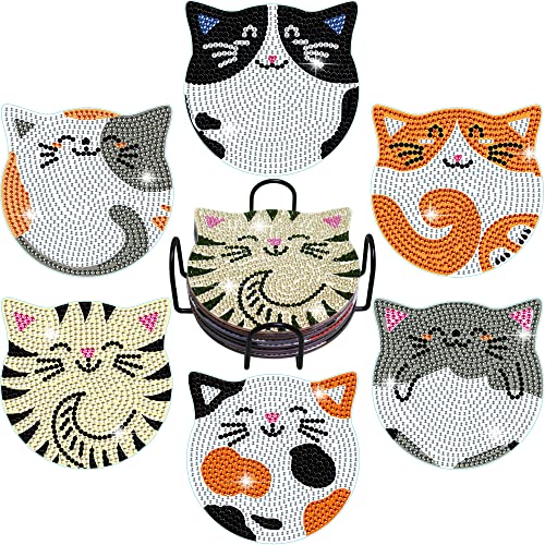 Vcekract 6 Pcs Cat Diamond Art Coasters Kit for Adults | Diamond Painting Coasters with Holder & Protective Backing, Diamond Art Adult Crafts for Table Home Decoration - color: Cat Coasters
