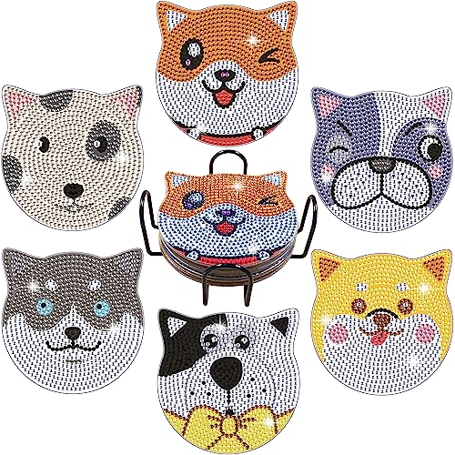 Vcekract 6 Pcs Dog Diamond Art Coasters Kit for Adults | Diamond Painting Coasters with Holder & Protective Backing, Diamond Art Adult Crafts for Table Home Decoration - color: Dog Coasters