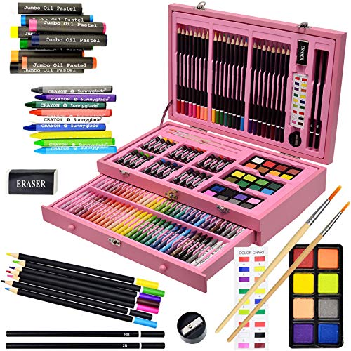Sunnyglade 145 Piece Deluxe Art Set Wooden Art Box & Drawing Kit Pink | Art Kit with Crayons, Oil Pastels, Colored Pencils, Watercolor Pans, Sketch Pencils, Brush, Sharpener, Eraser, Color Chart - color: Pink
