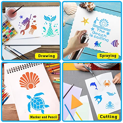 80 Pcs 4 x 4 Inch Stencils for Painting on Wood, Reusable Sea Ocean Creatures Mermaid Dolphin Shark Plastic Stencils DIY Craft Paint Template Set for Wall Home Decor - style: Ocean