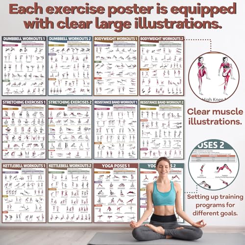 gisgfim 12 Retro Workout Posters for Home Gym Fitness Exercise Charts | dumbbells, bodyweight, stretching, resistance bands, yoga and kettlebells; 17 x 12.6 in, glossy front laminate - color: Retro