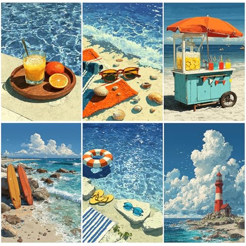 DOTZSO 6PCS Beach Diamond Painting Art Kits for Adults Beginner 12x16 in | 5D Full Drill Resin, Beach Pattern, Fits All Ages, Leisure Craft, Stress Relief, Wall/Shelf Display, All-Occasion Gift - color: AAB2 Beach